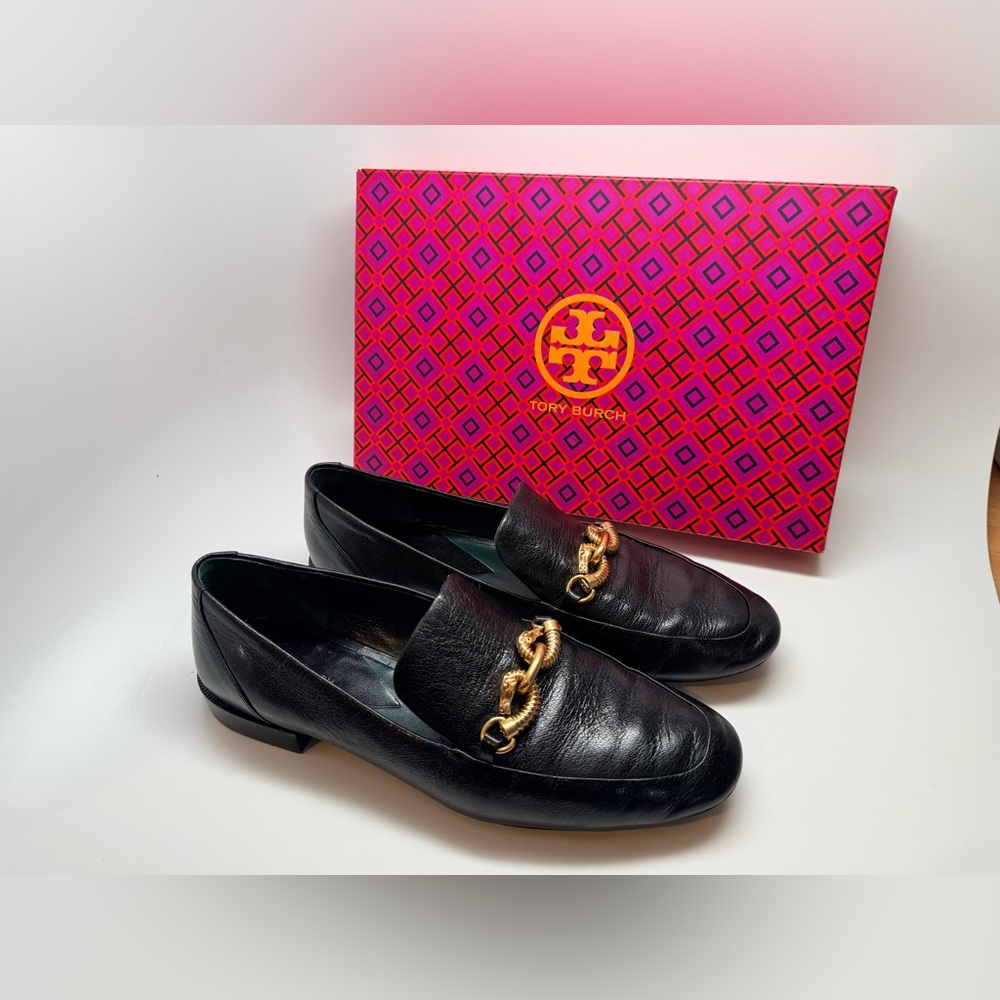Tory Burch Black Leather Loafers with Gold Chain